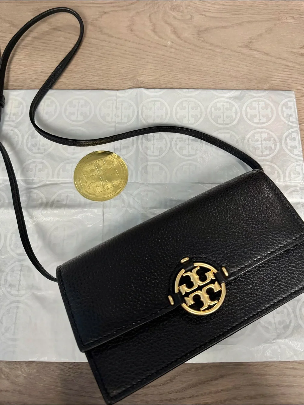 Tory Burch Black Pebbled Leather Crossbody with Gold Logo